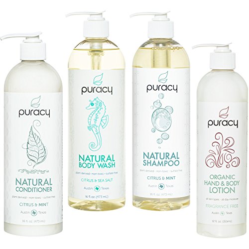 Puracy Organic Hair & Skin Care Set, Natural Body Wash, Shampoo, Conditioner, Lotion (4-Pack)